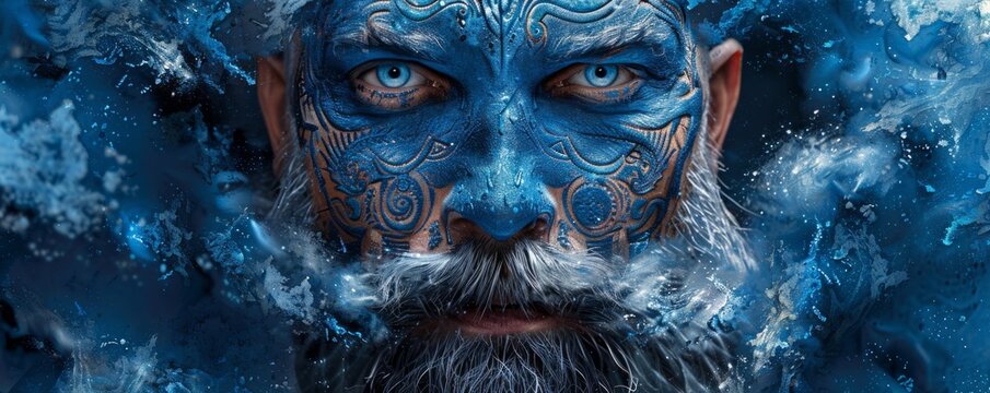 Abstract powerful warrior viking king portrait. Impressive man soldier portrait with blue color and intricate details.