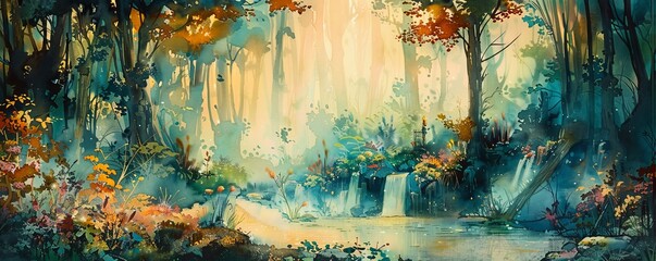 A watercolor painting of a mystical forest inhabited by fairies, unicorns, and other fantastical creatures.