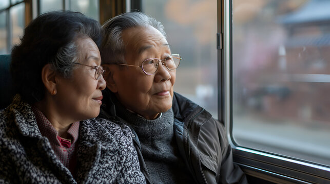 Senior Asian couple taking a scenic train ride through the countryside, looking out the window 