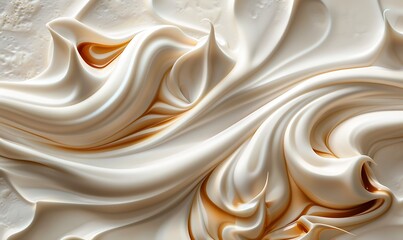 A dynamic swirl of nougat, milk, and caramel, forming a wave-like pattern with a creamy backdrop