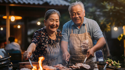 Fototapeta na wymiar Senior Asian couple having a barbecue in their backyard, grilling food, enjoying summer evening