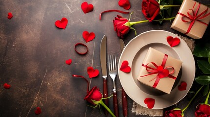 Beautifully wrapped gifts, red roses, and little heart shapes decorate a table setting, creating a perfect romantic ambience for a special occasion.