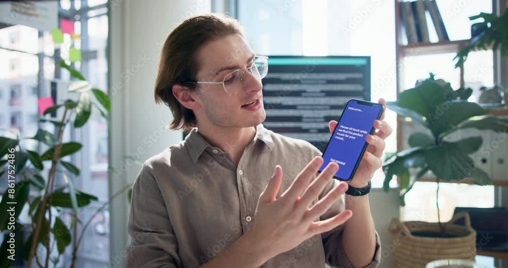Poster Video call, meeting and man with smartphone in app for business proposal, review and ux pitch. Phone, screen and programmer with virtual conference for software development, presentation and idea
