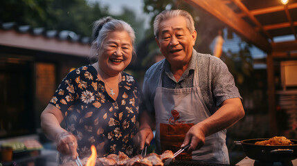 Senior Asian couple having a barbecue in their backyard, grilling food, enjoying summer evening