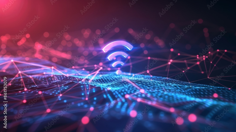 Poster abstract visualization of wifi network connection and digital data transmission in a futuristic sett