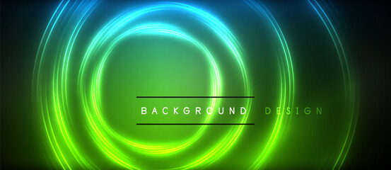 Neon glowing circle rays, light round lines in the dark, planet style neon wave lines. Energetic electric concept design for wallpaper, banner, background