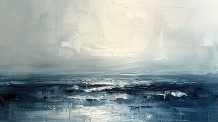 Fototapeta premium Abstract seascape painting with soft blue and white hues, featuring a distant horizon and waves.