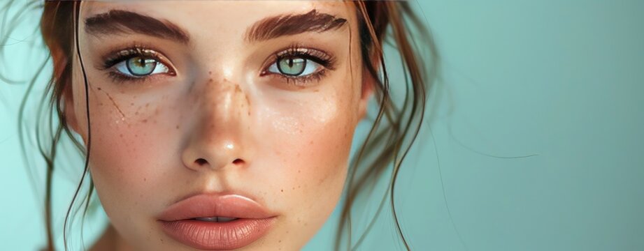 Close-up of a young woman with bold makeup, pastel green background, high detail on makeup and skin, ample copy space