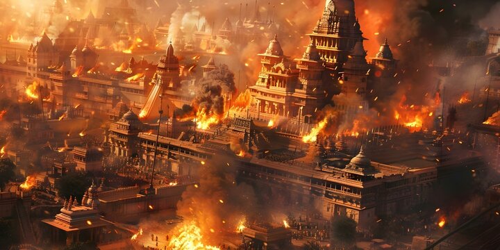 Ancient Indian temple town under siege by enemies in dramatic illustration. Concept Indian Temple, Siege, Enemies, Dramatic Illustration, Ancient Town