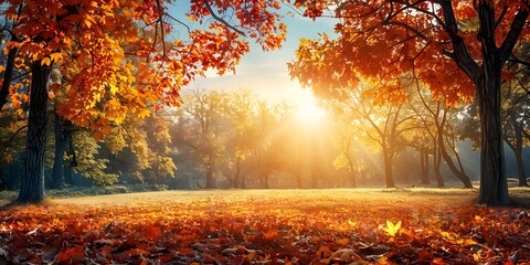 Autumn Landscape Trees with Colorful Leaves in a Park Under a Warm Sky. Concept Autumn Trees, Colorful Leaves, Park Landscape, Warm Sky, Outdoor Photography