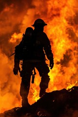 Naklejka premium Silhouette of a firefighter battling blazing wildfire