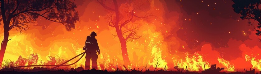 Silhouette of a firefighter battling blazing wildfire