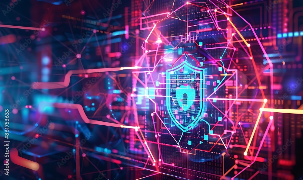 Poster a futuristic, abstract background with geometric patterns and neon lines, illustrating cyber resilie