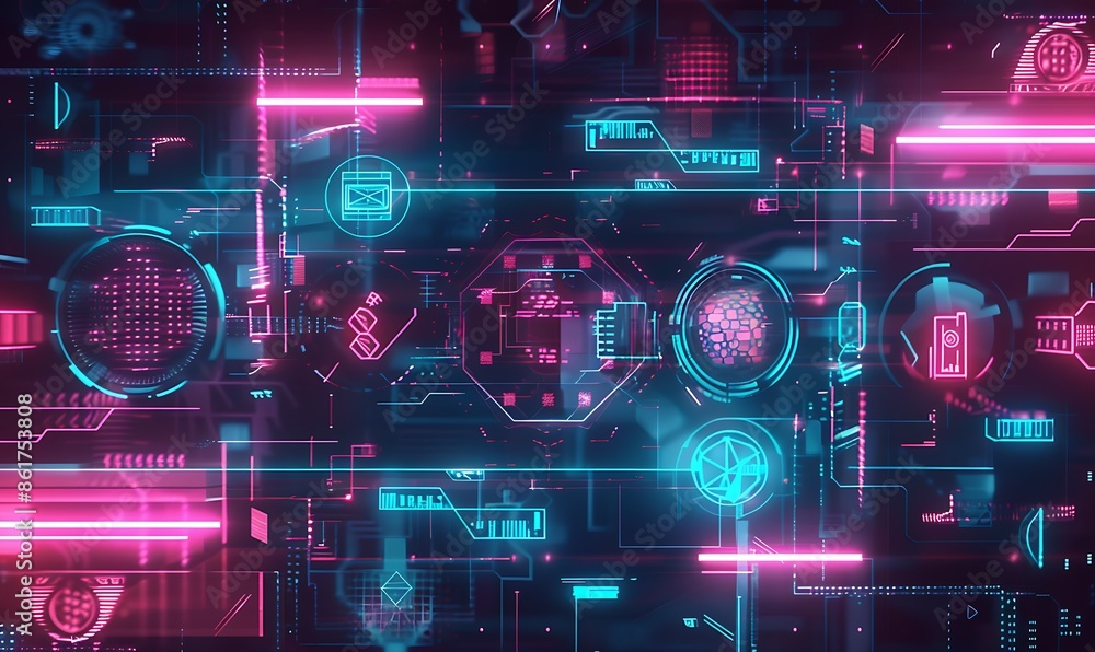Poster a futuristic, abstract background with geometric patterns and neon lines, illustrating cyber resilie