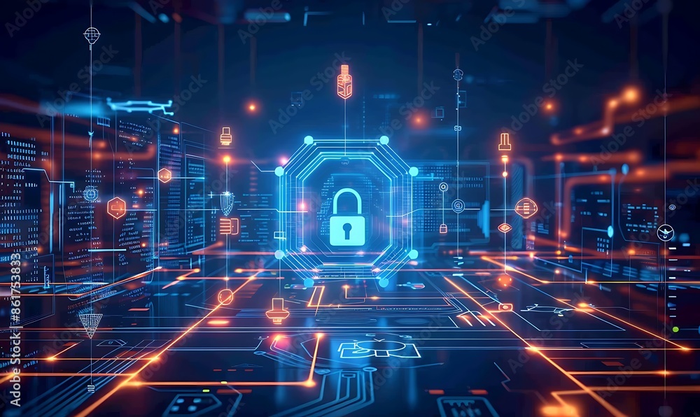 Poster a futuristic, abstract background with geometric patterns and neon lines, illustrating cyber resilie