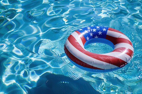 inflatable pool ring with the American flag design floating in blue water, symbolizing summer fun and family activities in the style of The us national vacation Generative AI