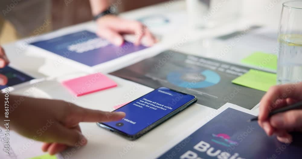 Aufkleber Meeting, business people and hands with phone in app for software development, presentation and review. Smartphone, screen and developer with display at digital agency for ux pitch, proposal and idea