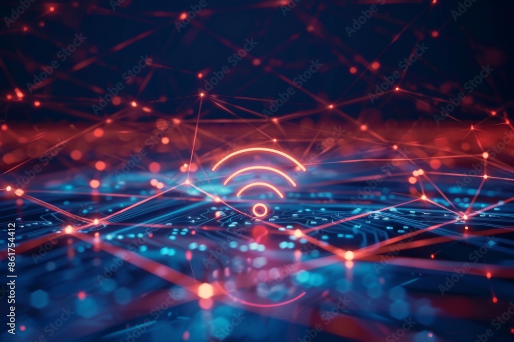 Aufkleber a vibrant digital network displaying glowing wifi symbol and complex connections in futuristic desig