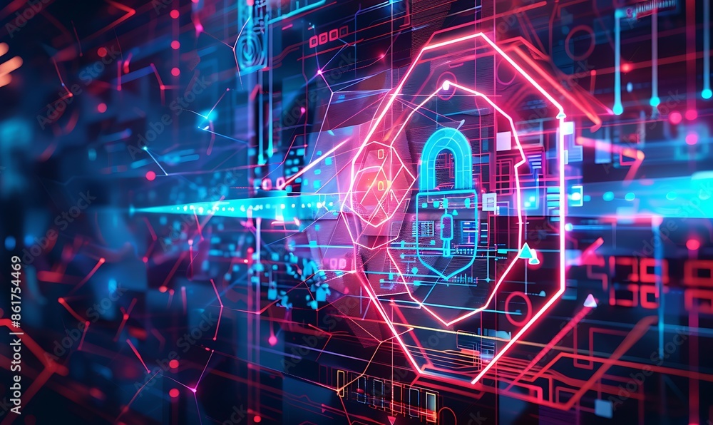 Poster a futuristic, abstract background with geometric patterns and neon lines, illustrating cyber resilie