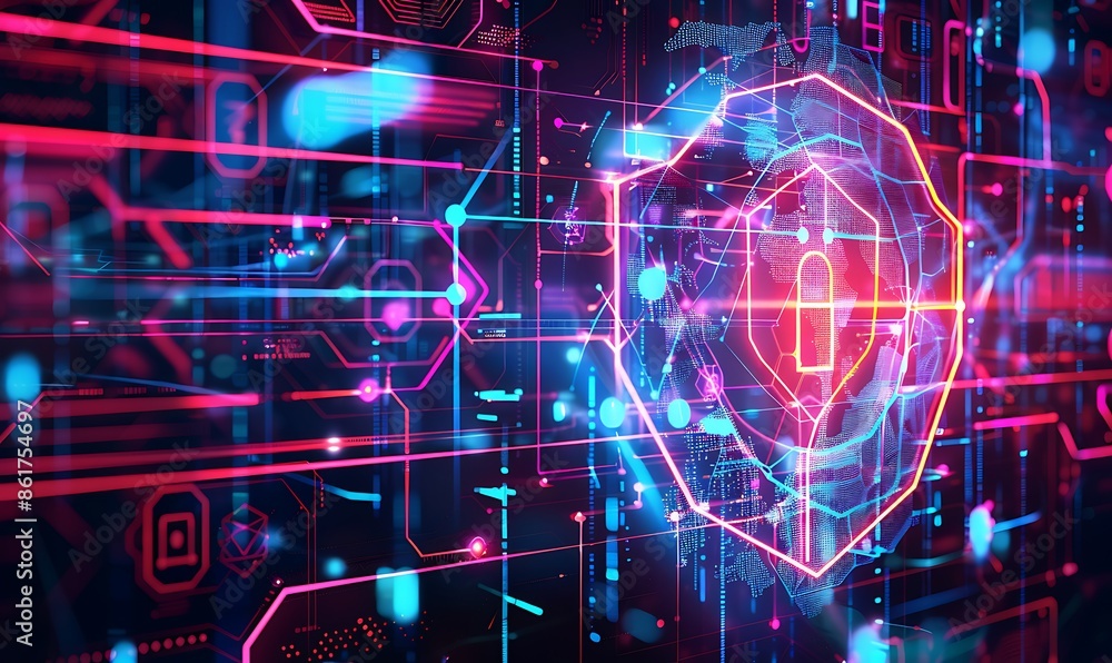 Poster a futuristic, abstract background with geometric patterns and neon lines, illustrating cyber resilie