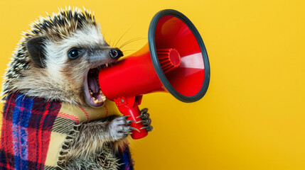 Fototapeta premium Amusing Hedgehog with Megaphone - Charming Hedgehog in Scarf Yelling into Red Megaphone on Vibrant Yellow Background