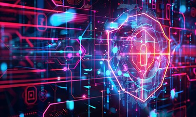 Obraz premium A futuristic, abstract background with geometric patterns and neon lines, illustrating cyber resilience with icons representing threat detection, incident response, and continuity planning