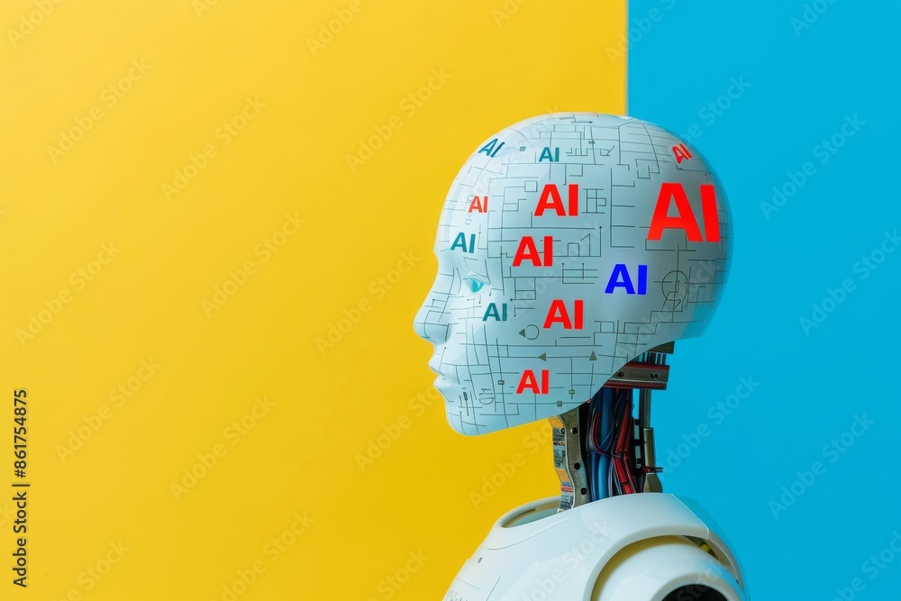 Poster robotic head with ai symbols on yellow and blue background representing artificial intelligence and 