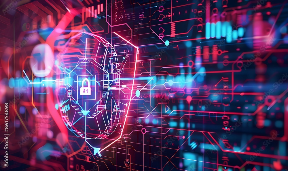 Poster a futuristic, abstract background with geometric patterns and neon lines, illustrating cyber resilie