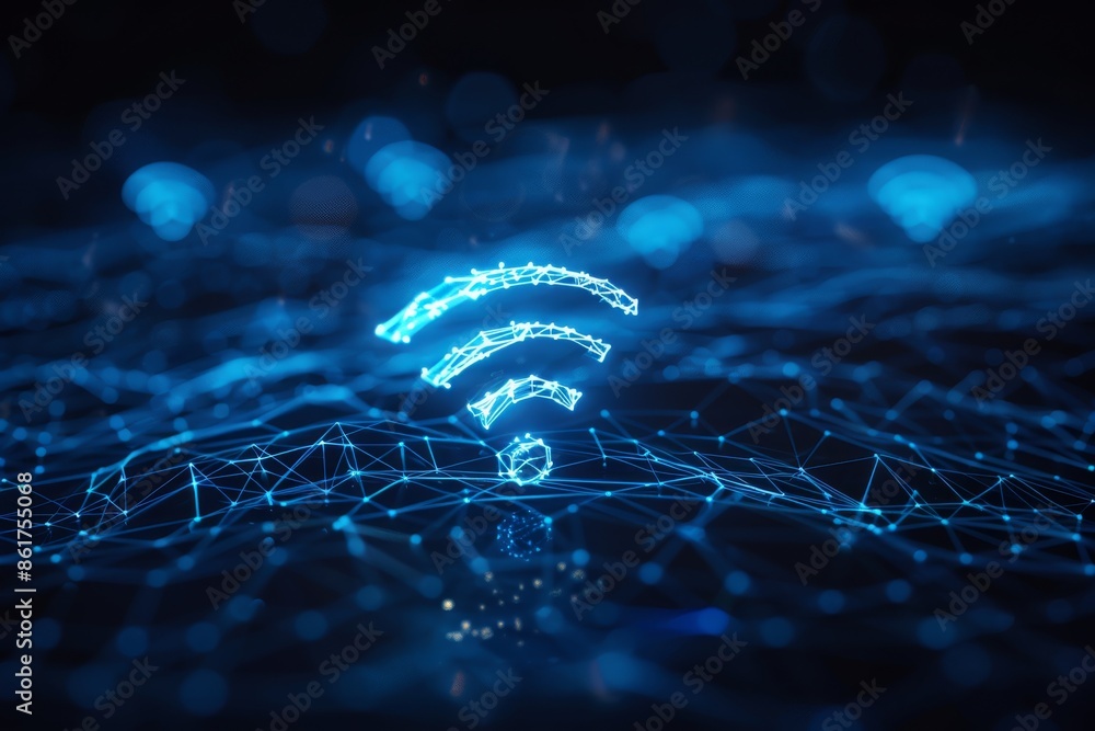 Poster visual representation of wifi connectivity, featuring network nodes and neon blue light effects in a