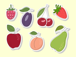 Summer garden fruits sticker set. Hand drawn abstract Apple, Strawberry, raspberry, pear, Cherry, plum, peach. Sticker healthy natural organic fruit food elements for design