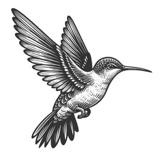 Fototapeta premium hummingbird in mid-flight, showcasing its intricate feather patterns and graceful movement sketch engraving generative ai raster illustration. Scratch board imitation. Black and white image.