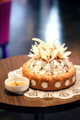 Wedding bread and honey on the table in the middle of the room. Wedding traditions