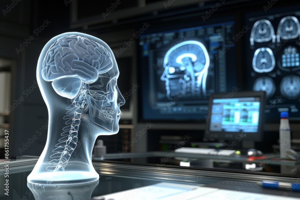 Poster digital brain model in futuristic lab representing artificial intelligence in medical research and t