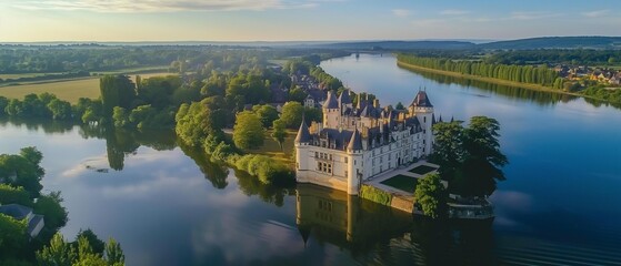 Obraz premium Aerial view of Chateau de Charbonniere, Marigny-les-Usages, Val de Loire, France.Panorama landscape view