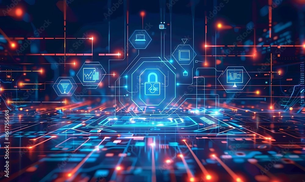 Poster a futuristic, abstract background with geometric patterns and neon lines, illustrating cyber resilie
