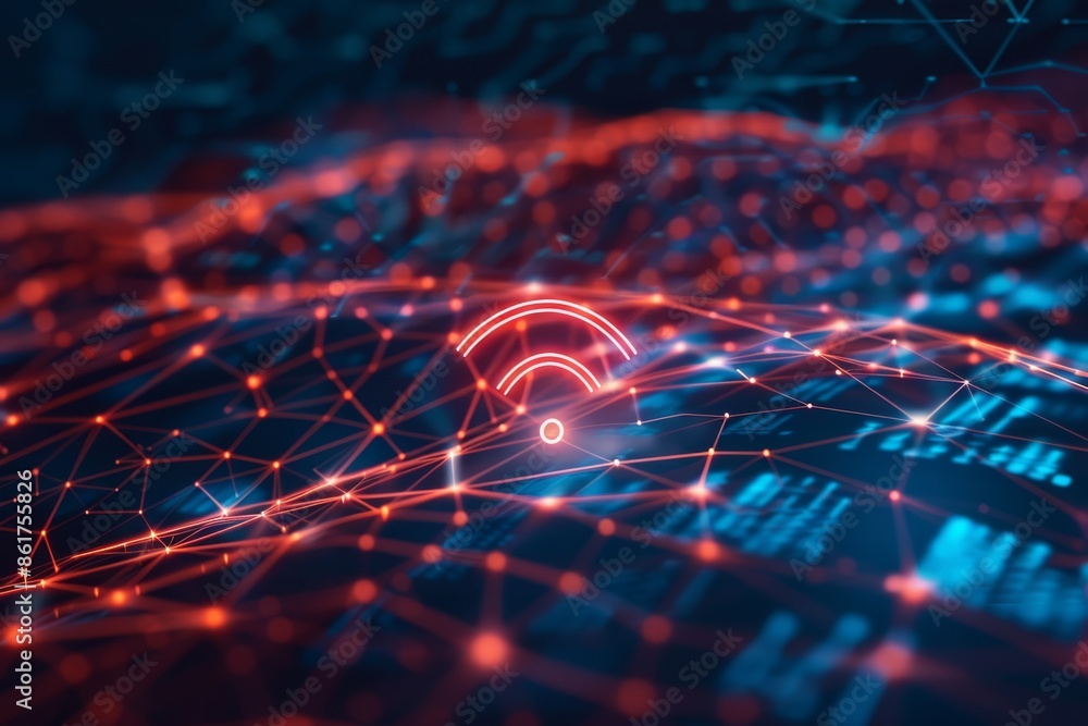 Poster a vibrant digital network displaying glowing wifi symbol and complex connections in futuristic desig