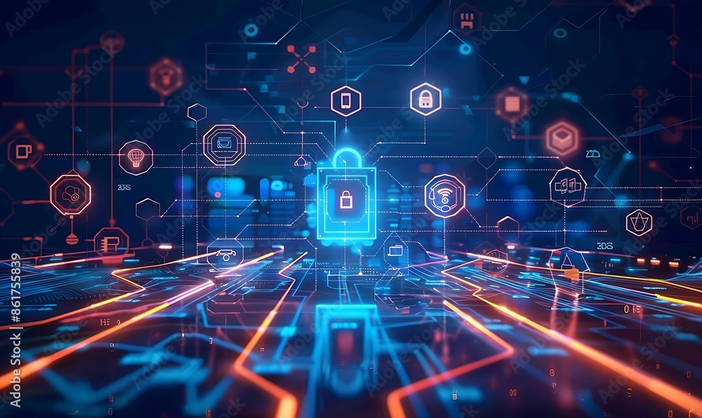 Poster a futuristic, abstract background with geometric patterns and neon lines, illustrating cyber resilie