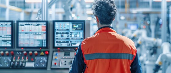 A factory worker monitoring a control panel in an industrial setting. Ideal for depicting modern manufacturing and technology in action.