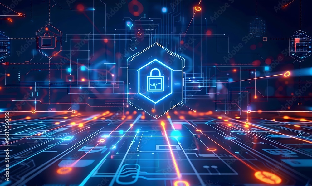Poster a futuristic, abstract background with geometric patterns and neon lines, illustrating cyber resilie