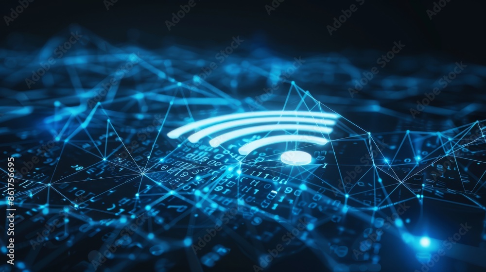 Poster visual representation of wifi connectivity, featuring network nodes and neon blue light effects in a