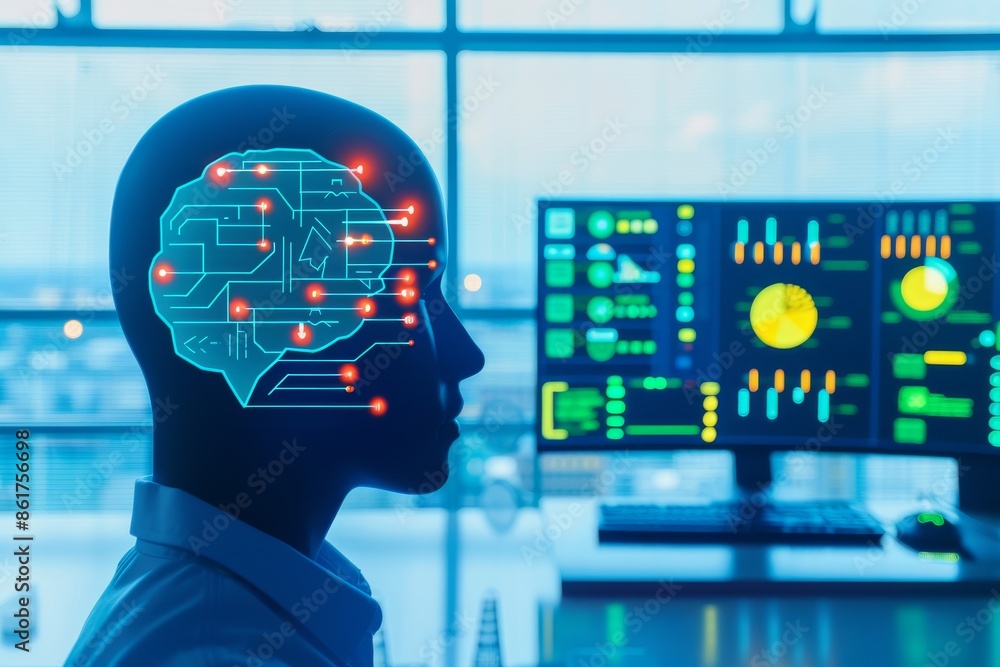 Poster silhouette of human head with digital brain and data screens representing artificial intelligence an