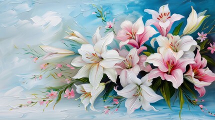 Exquisite oil painting of lily wedding bouquets using palette knife technique, thick paint application for a 3D effect, rich textures and vivid colors, capturing the essence of wedding elegance
