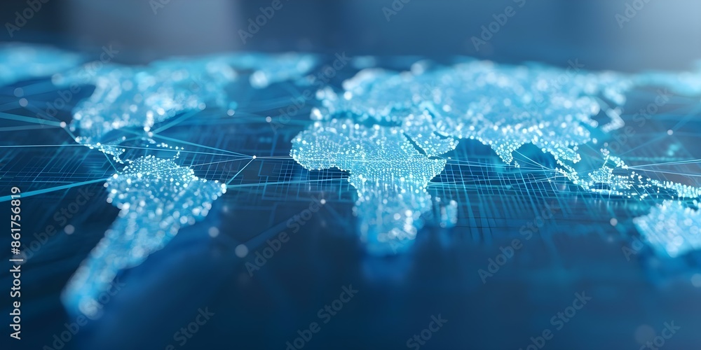 Poster navigating the abstract blue digital world map with interconnected lines and dots. concept digital a
