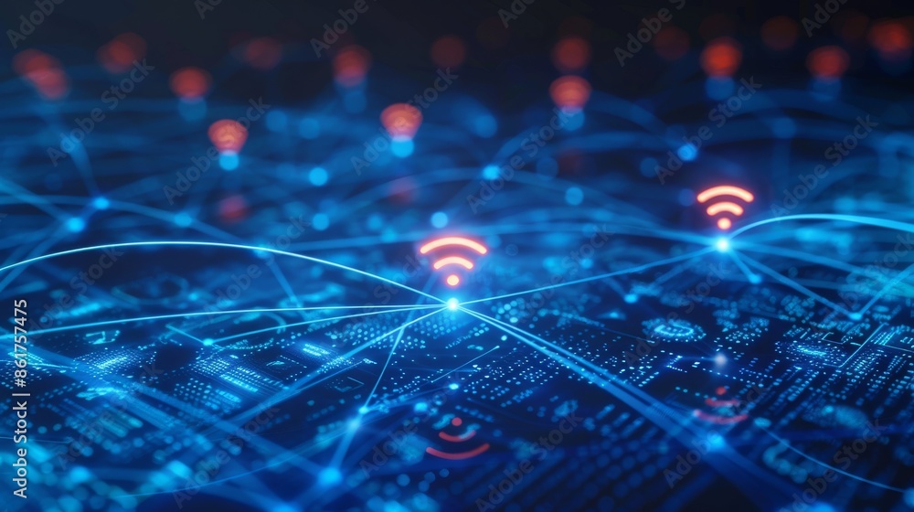 Aufkleber a vibrant digital network displaying glowing wifi symbol and complex connections in futuristic desig