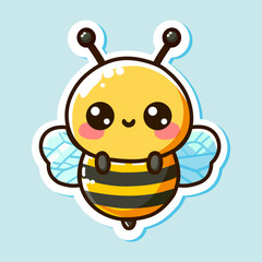 Sticker of cute bee, tiny small wild insect, Isolated on colored background, flat vector illustration 