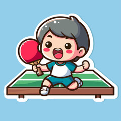 Sticker of cute Ping Pong player with Ping-pong table, tiny Sport man holding red racket, Isolated on colored background, flat vector illustration.