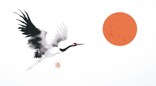 Ink painting of a red-head japanese crane and big red sun. Traditional oriental ink painting sumi-e, u-sin, go-hua. Hieroglyph - wind