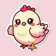 Sticker of cute chicken, White hen tiny small wild Bird, Isolated on colored background, flat vector illustration 