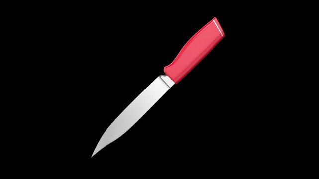 Chef's knife with a red handle spinning on a black background