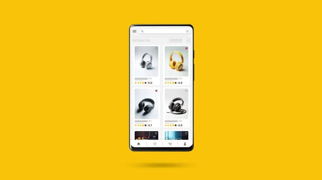 Online marketplace application and website animation. E-commerce and shopping for technological products. Marketing, commerce and headphone sales home page.